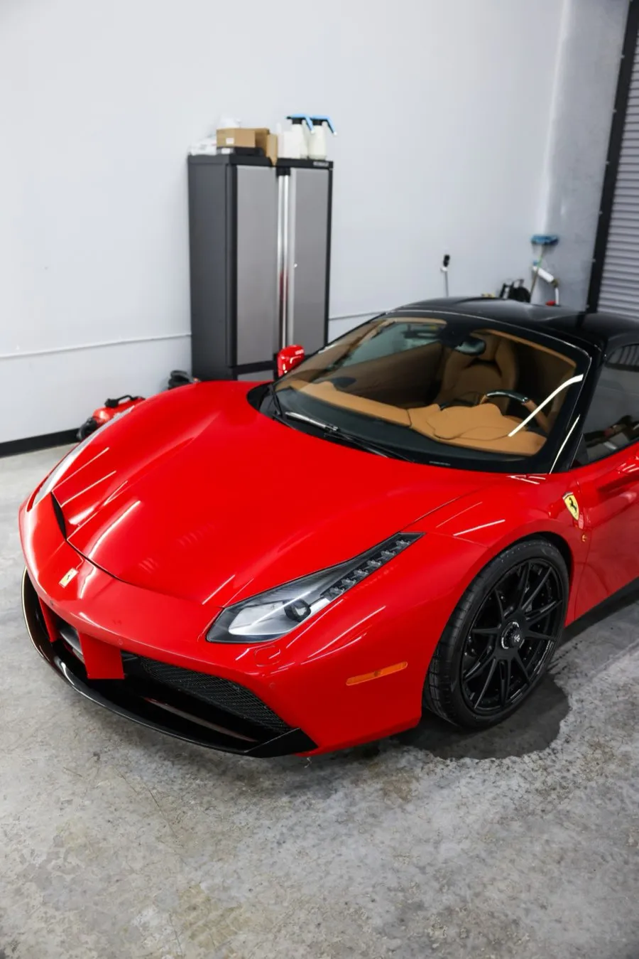 Ferrari 488 hood, headlight and front fender with Scuderia shield after paint protection and ceramic coating at Collectors Car Spa in Orlando