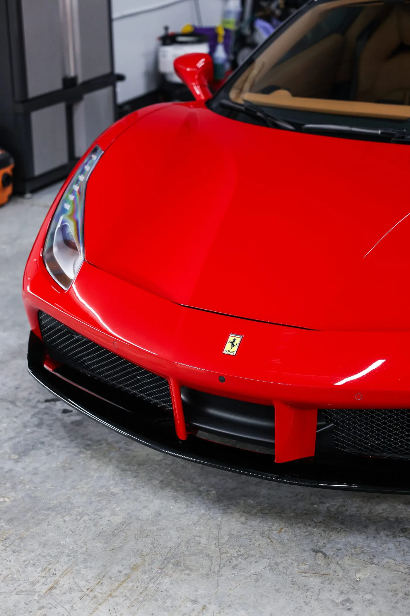 Ferrari 488 front clip protected with Autobahn Incognito PPF and a custom Autobahn Black PPF lip at Collectors Car Spa in Orlando