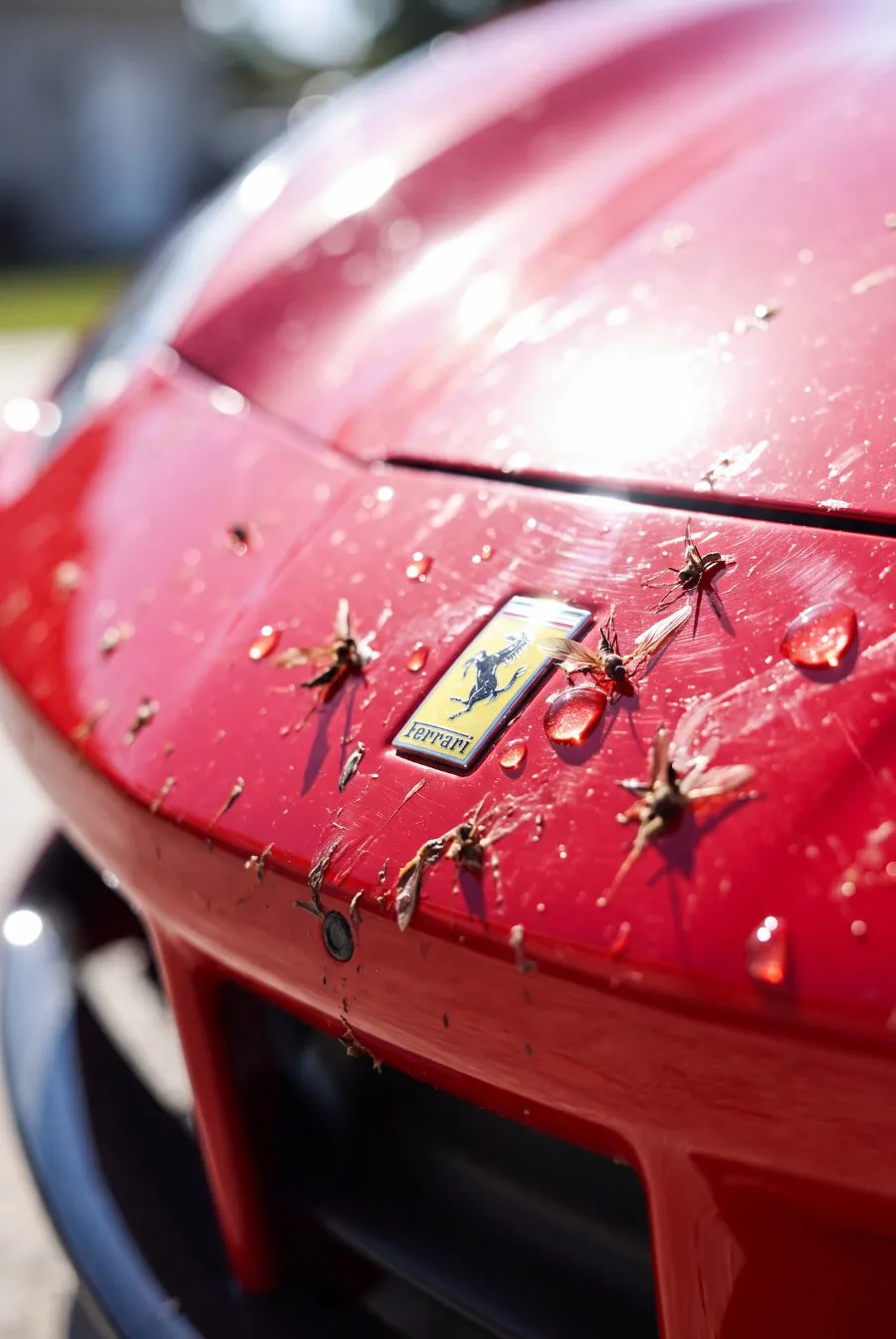 Lovebug insect residue on the front bumper of an exotic car in Central Florida